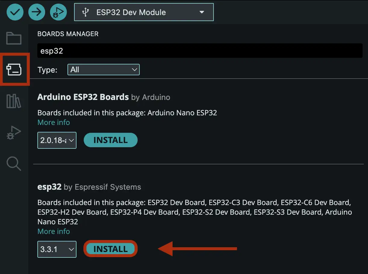 Installing esp32