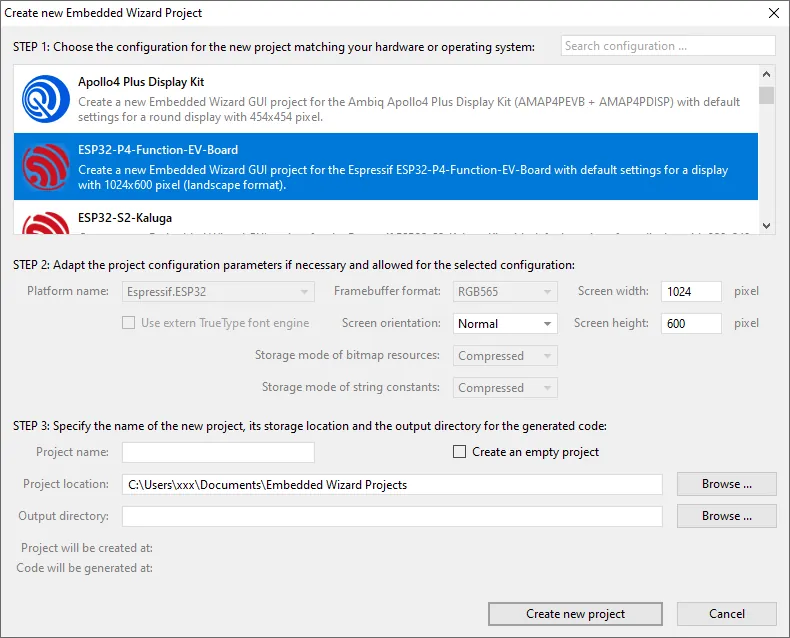 Picture: Create new Embedded Wizard Project.