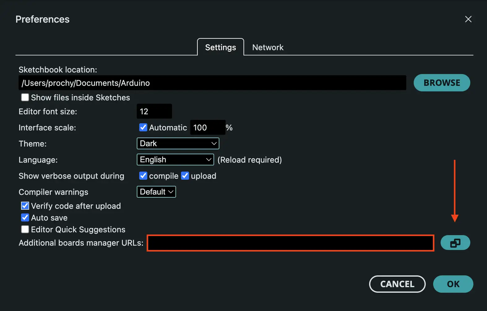 Arduino IDE preferences window