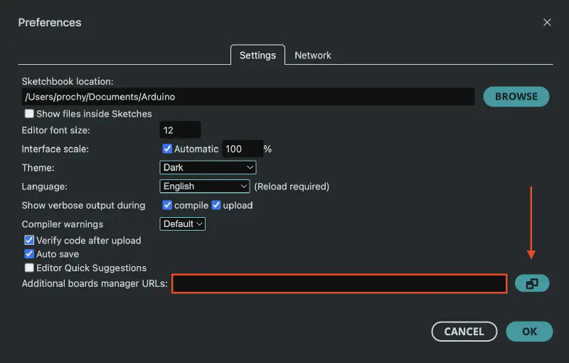 Arduino IDE preferences window