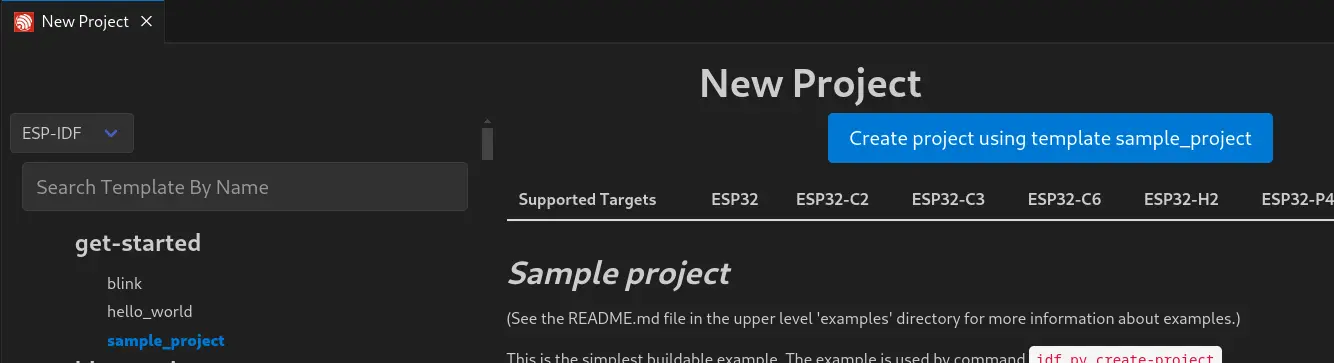 In the next step we choose what template to base our project on. We choose get-started/hello_world and create the project.