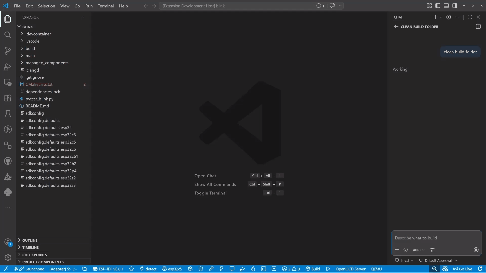 Copilot Chat cleaning the build folder and triggering a rebuild via ESP-IDF extension commands