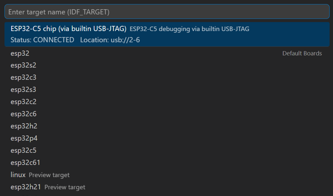Set Espressif Device Target with DevKit options
