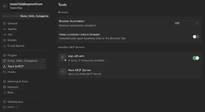 Cursor MCP settings showing the esp-idf-eim server added successfully