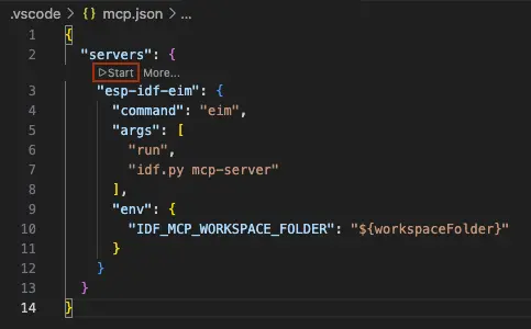 VS Code MCP configuration showing the Start button