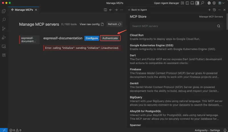 Authenticate in Manage MCP servers