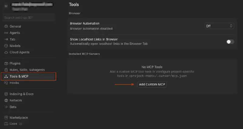 Cursor MCP settings with the Add custom MCP server button highlighted