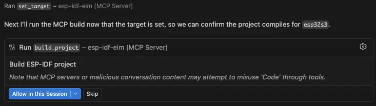 VS Code AI chat asking for confirmation to run the build via MCP