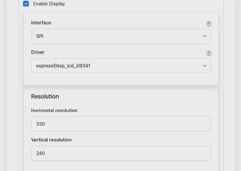 Display feature tab — resolution, driver, pins, and LVGL options
