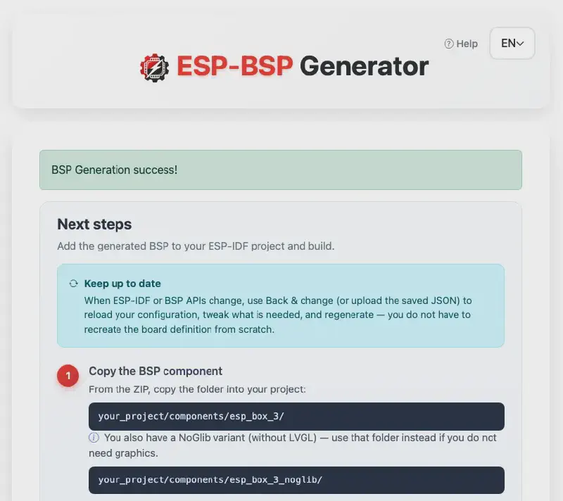 Generation success — next steps, file list, and Download ZIP